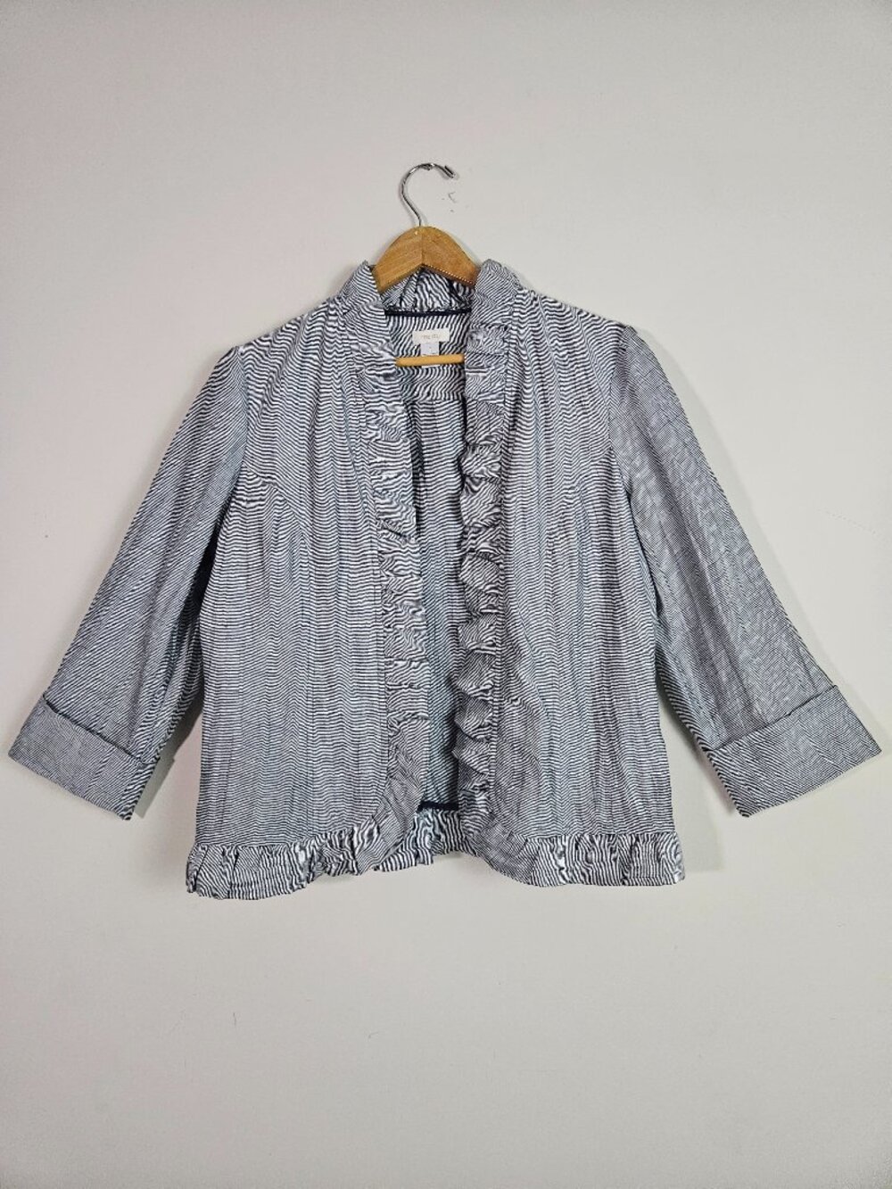 Chico's Women's Striped Linen Blend Jacket Small Blue White Coastal Nautical